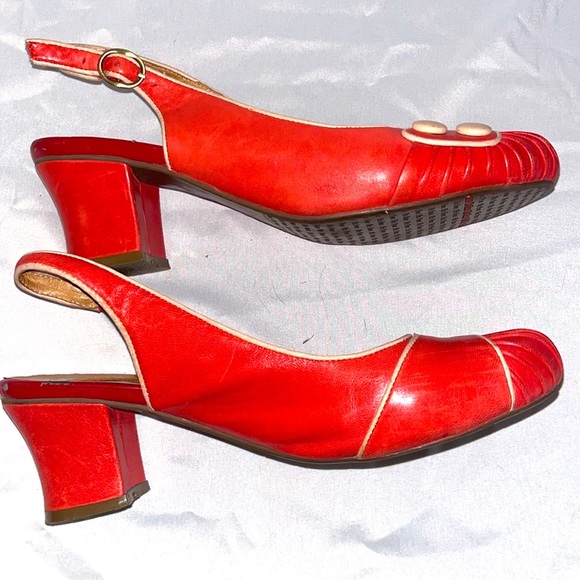 Miz Mooz Slingback Shoes Size 8 Red Cream Buttons Trim Block Kitten Heels Sz 8 - Picture 7 of 9